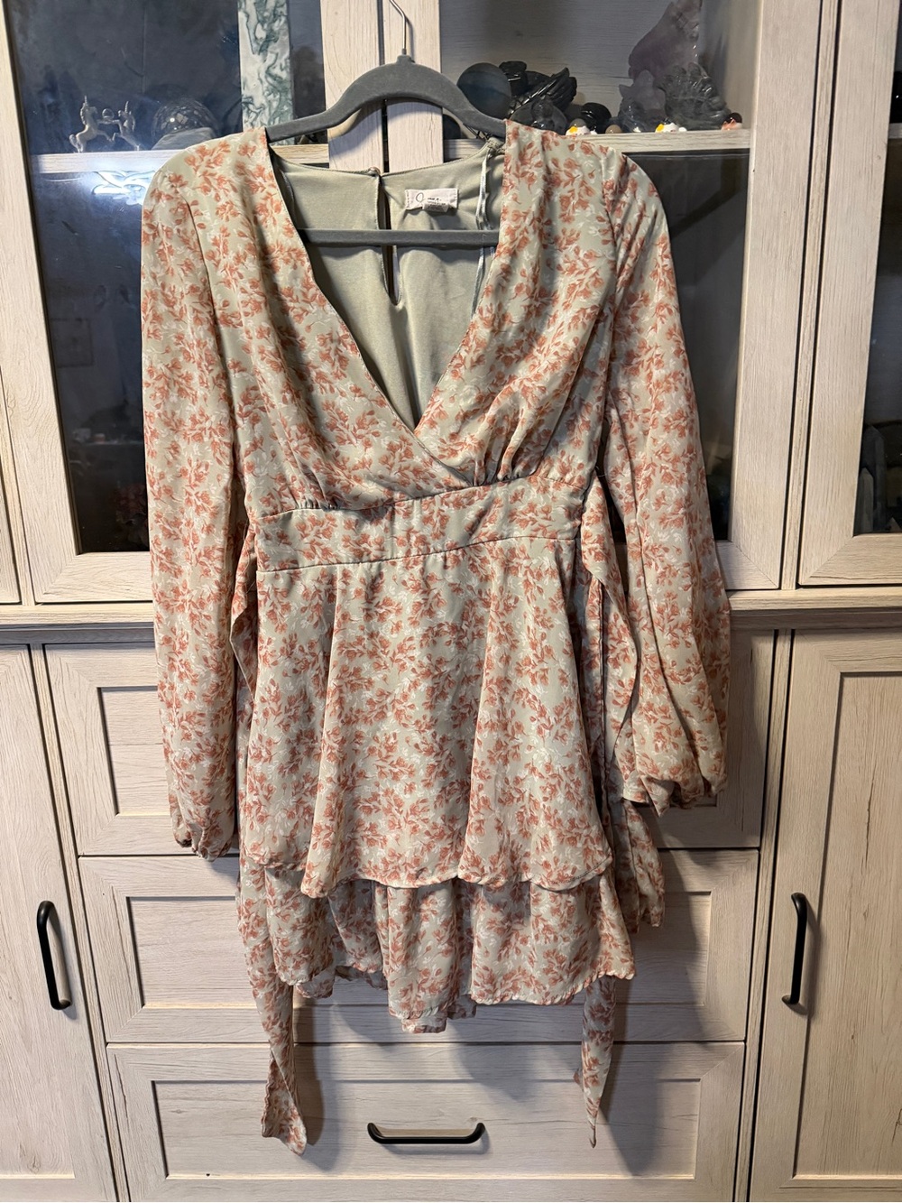 Floral Tiered V-Neck Long Sleeve Dress - Sage Green & Rust